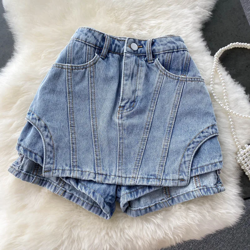 Mùa Hè 2021 Phụ Nữ Mới Của Thiết Kế Quần Short Cảm Giác Giả Hai Mảnh Retro Quần Jean Ngắn Nữ Quần Váy Cao Cấp Denim ống Rộng Quần Short