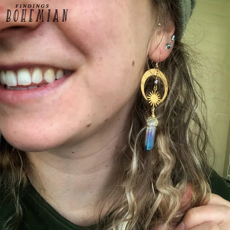 Celestial Aura Quartz Earrings, Moon and Star, Sunburst, Gold Crescent Moon, Boho Goddess