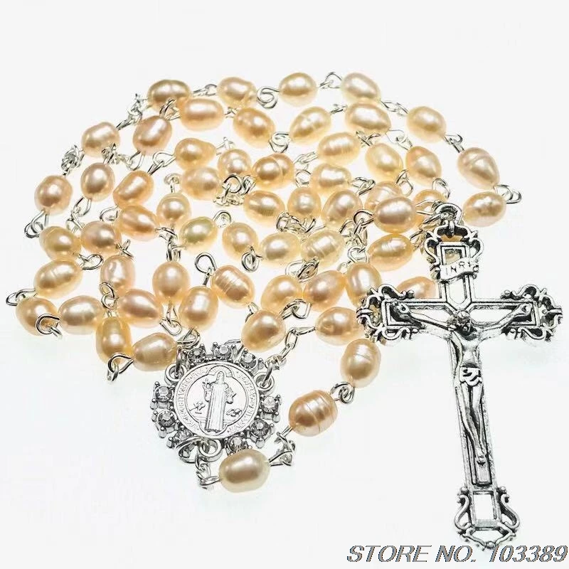 oval freshwater pearls rosary catholic rosary necklace with rhinestone benedict centerpiece and jesus