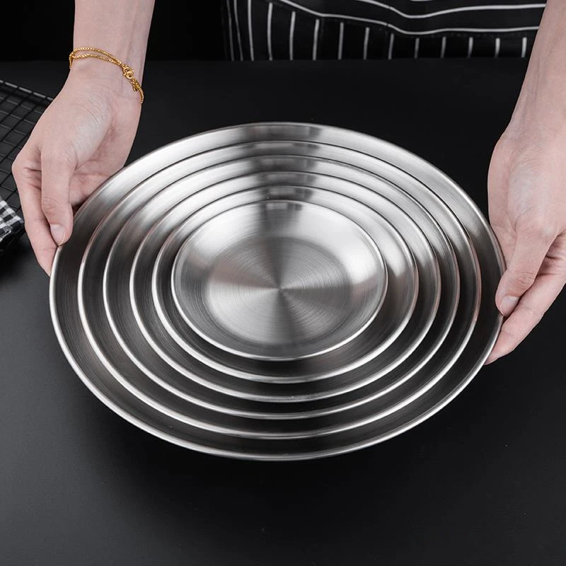 Round Stainless Steel Dinner Plates Flat Insulated Thick BBQ Shallow Dishes Western Steak Cake Fruit Tray Kitchen Accessories