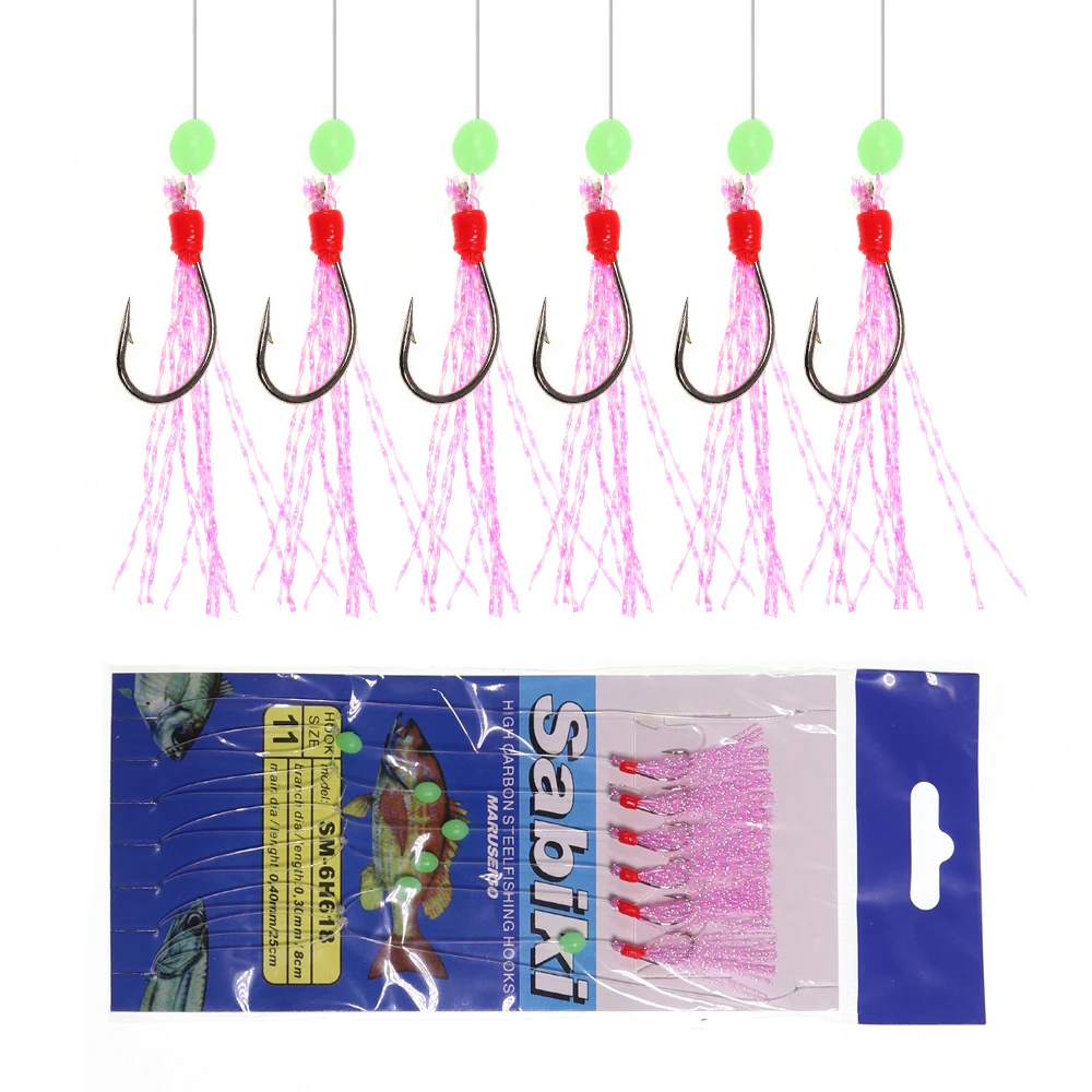 6pcs/lot Saltwater Luminous Fishing Lures Sabiki Rig Carbon Steel String Hooks Long Wire Colored Flash Artificial Bait #7-#15