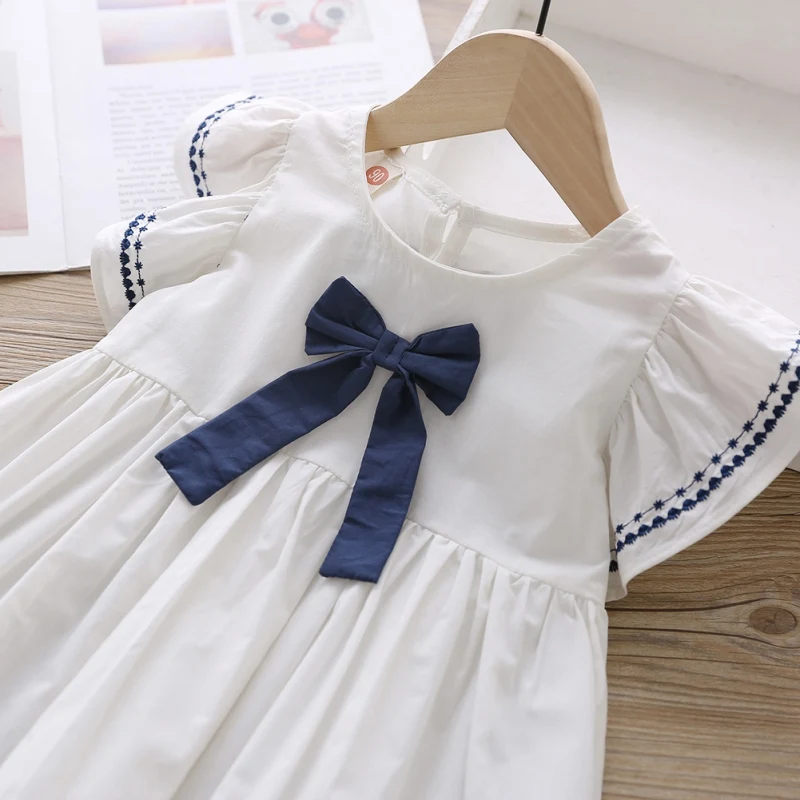 Summer Baby Girl Dress Casual Fashion Girl Short Sleeve Bowknot Princess Dress Kids' Clothing Blue Wite Dress