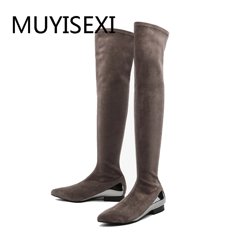 

Over the Knee Boots Tight Fitting Winter Women Elastic Sock Boot Slim Thigh High Boots 2.5cm Heels Botas Mujer HL202 MUYISEXI