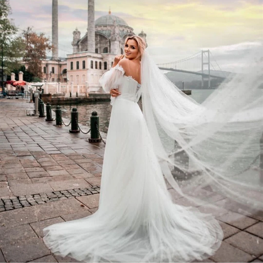 Lsyx Customized Long Sleeve Off Shoulder A-line Sweep Train Puff Sleeve Sweetheart Robe De Mariee White  Lady Backless Graceful