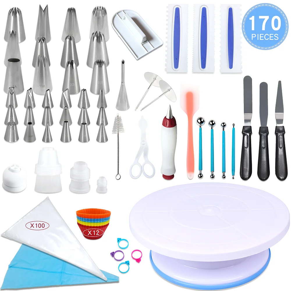 

MRF 170PCS Cake Decorating Kit DIY Baking Tools Set -S/S Icing Tips,Pastry Scrapers,Plastic Bags and Couplers,Spatulas