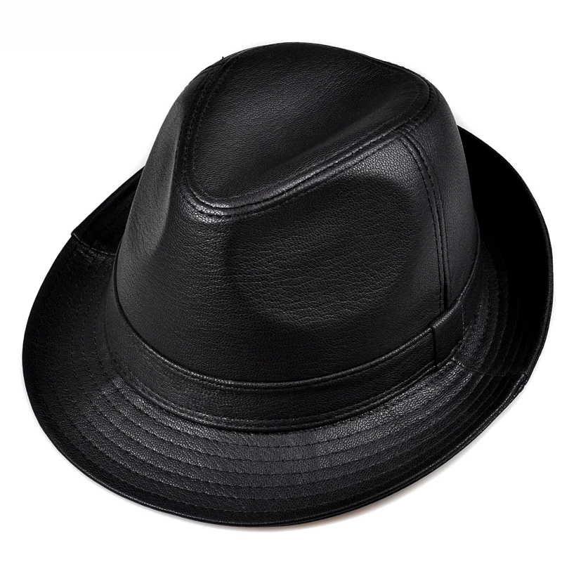 Autumn and winter men\'s leather hat big brim hat man jazz hat gentleman top hat sheepskin hat casual middle-aged and elderly