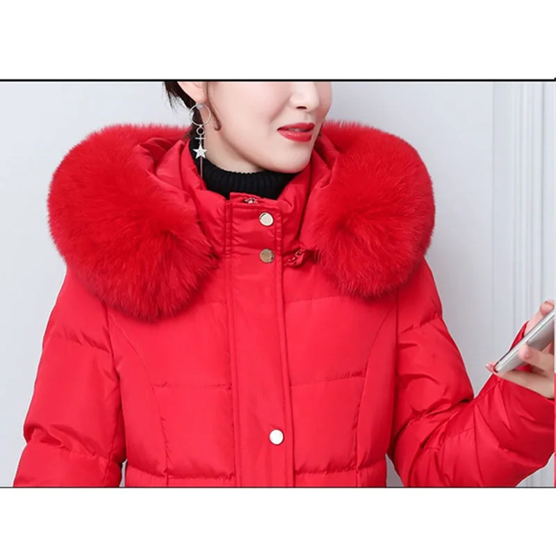 Chaqueta larga de plumón de pato para mujer, Parkas cálidas y gruesas con cuello de piel de zorro Real, abrigos ajustados con capucha, invierno, KW162, 2022