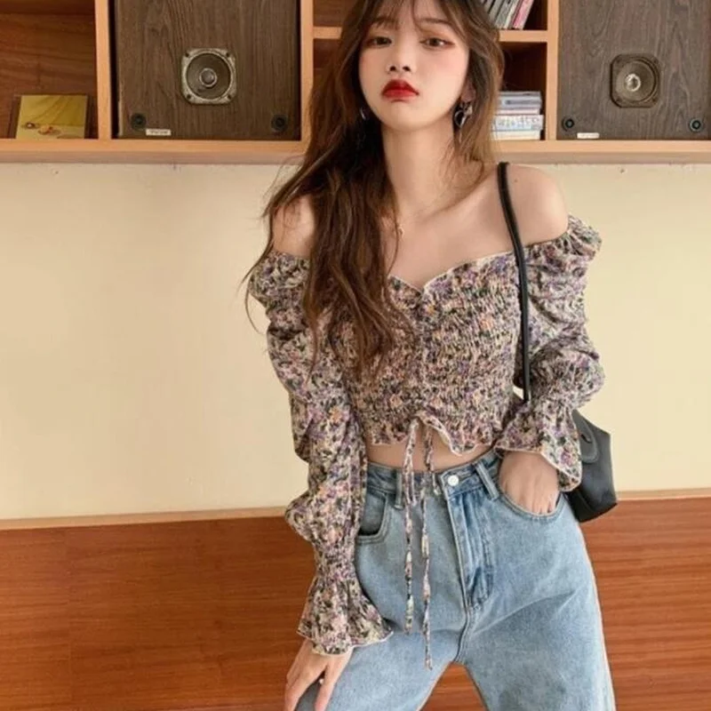 Blouses Women Elegant Square Collar Shirring Cropped Sexy Bodycon 3 Colors Ulzzang Floral Party Casual Fashion Ladies Sweet New