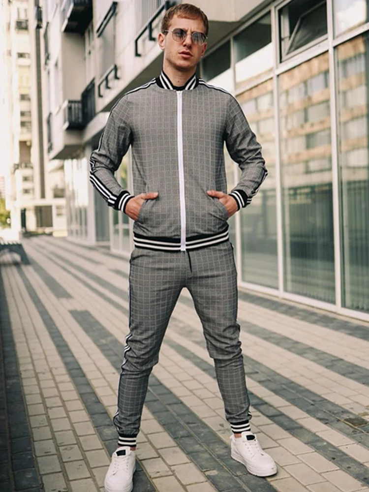 Europe United States Casual Sportswear Suits Autumn New Stand-Up Collar Zipper Cardigan Jacket Grid Sweatpants Men\'s Clothing