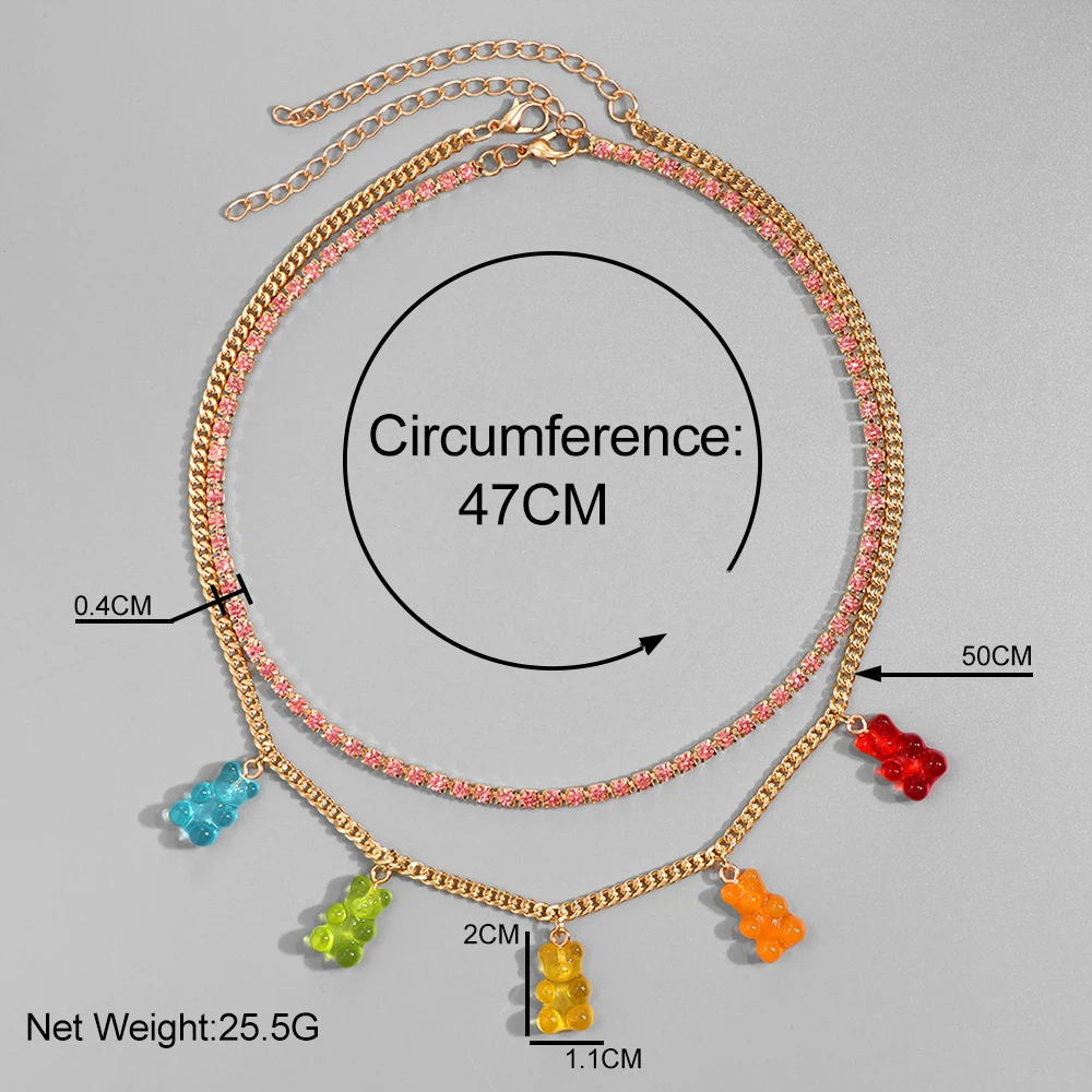 Punk Colorful Gummy Bear Pendant Metal Crystal Choker Necklace for Women Multi-layer Cute Bear Tennis Clavicle Chain New Jewelry