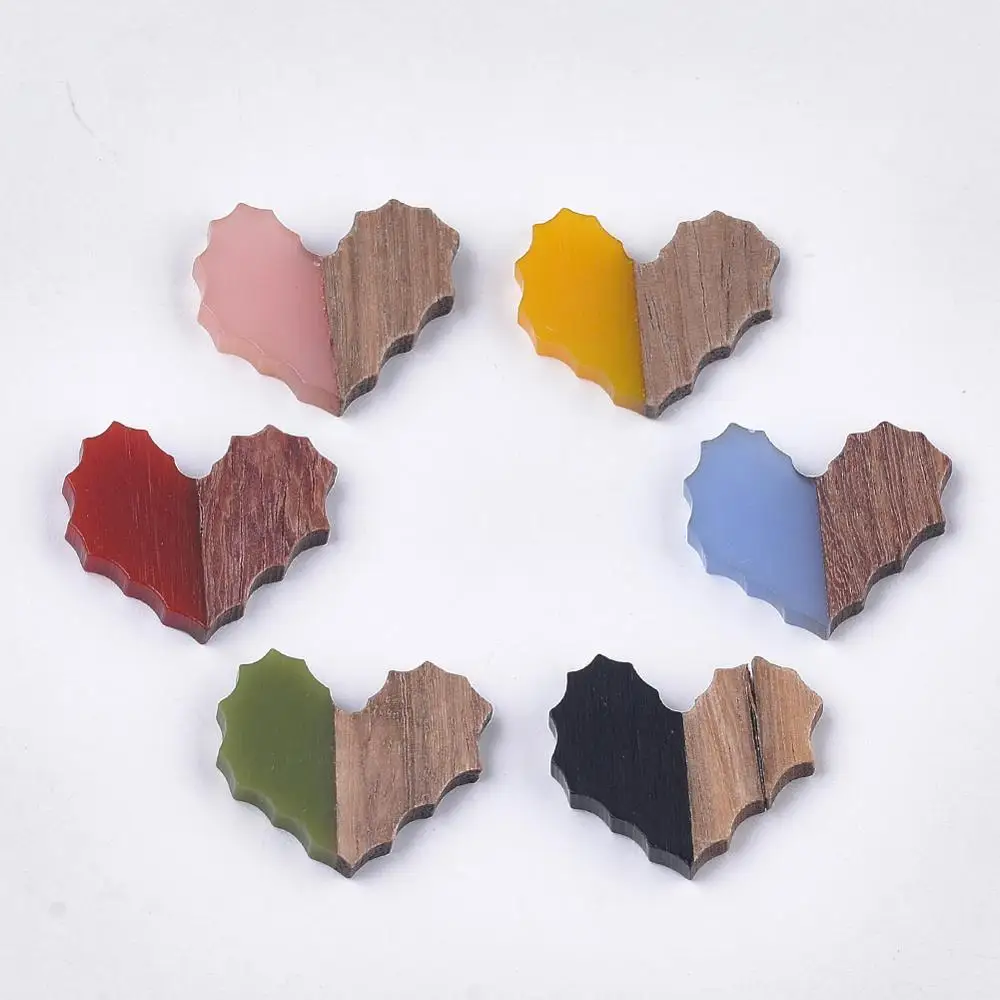 50Pcs Resin & Walnut Wood Cabochons Sweet Heart Shape Slime Charms for Jewelry Making Earrings DIY