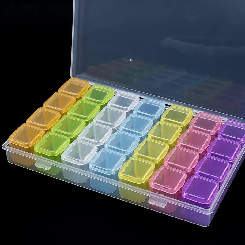 17.5x10.7x2.7CM Rectangle 28 Slots Jewelry Plastic Storage Box Rhinestone Beads Pill Earrings Storage Box Case Container