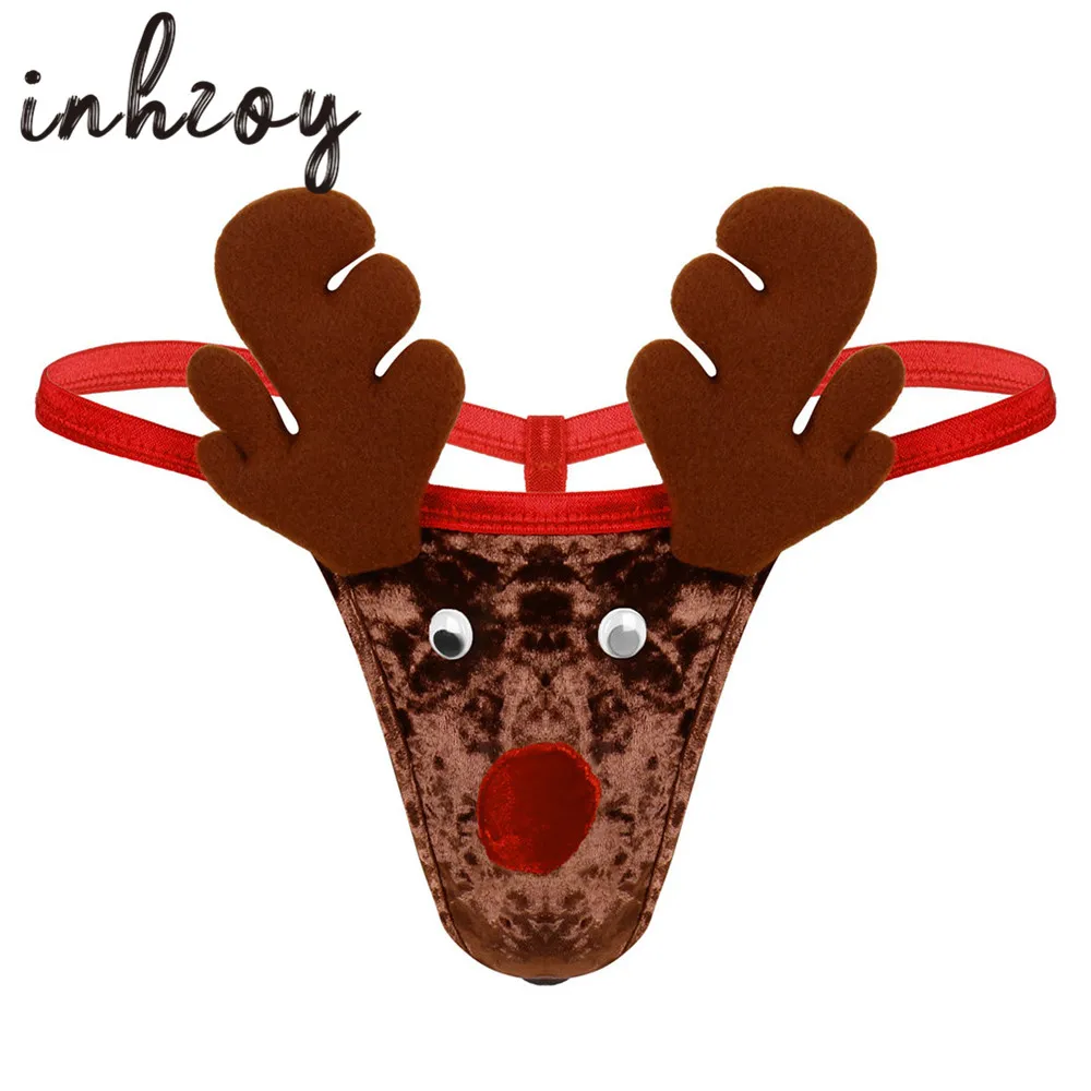 

Men Lingerie Novelty Christmas Reindeer Costume Soft Velvet Low Rise Sexy G-strings Thongs Festival Rave Party Xmas Underwear