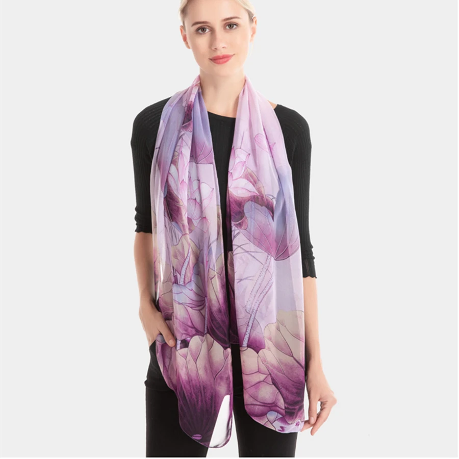 Brand New Spring Thin Georgette Silk Scarf Women Artificial Silk Scarves And Wraps Female Outdoor Lotus Print Shawls Wholesale