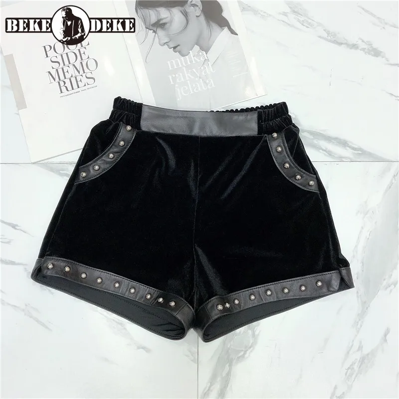 Najwyższej jakości aksamitne szorty damskie Patchwork prawdziwa skóra owcza spodenki z szerokimi nogawkami Streetwear luźne nity spodenki do butów z wysokim stanem