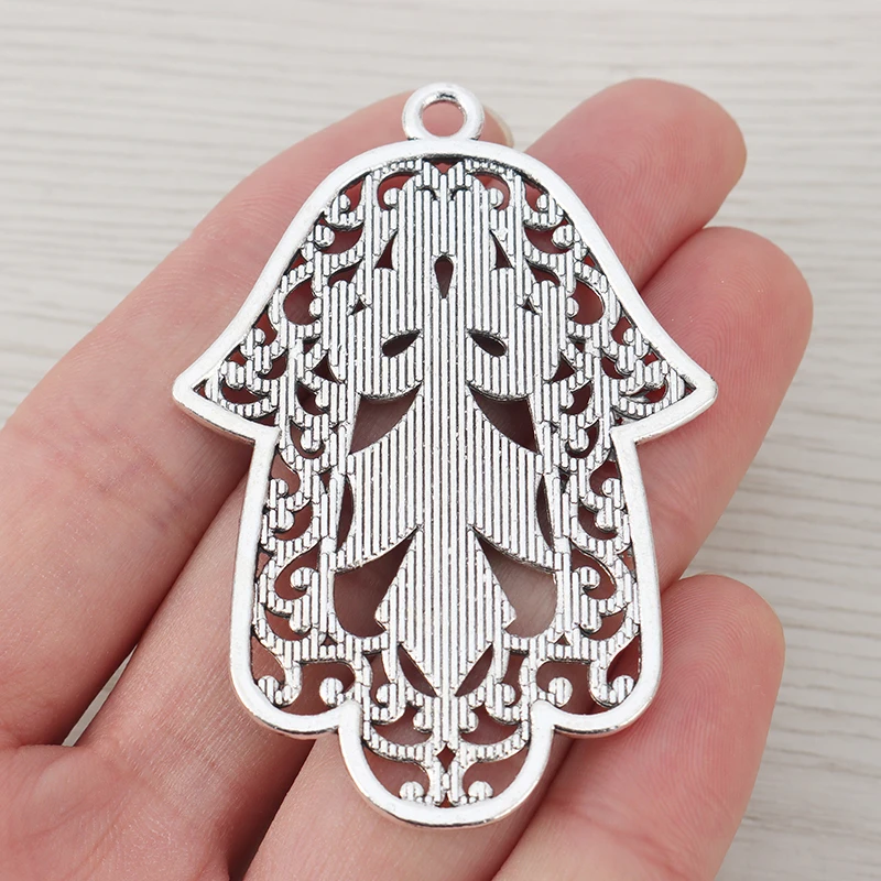 2 x Tibetan Silver/Gold Color Large Hamsa Hand Charms Pendants for DIY Necklace Jewelry Making Findings Accessories 65x45mm