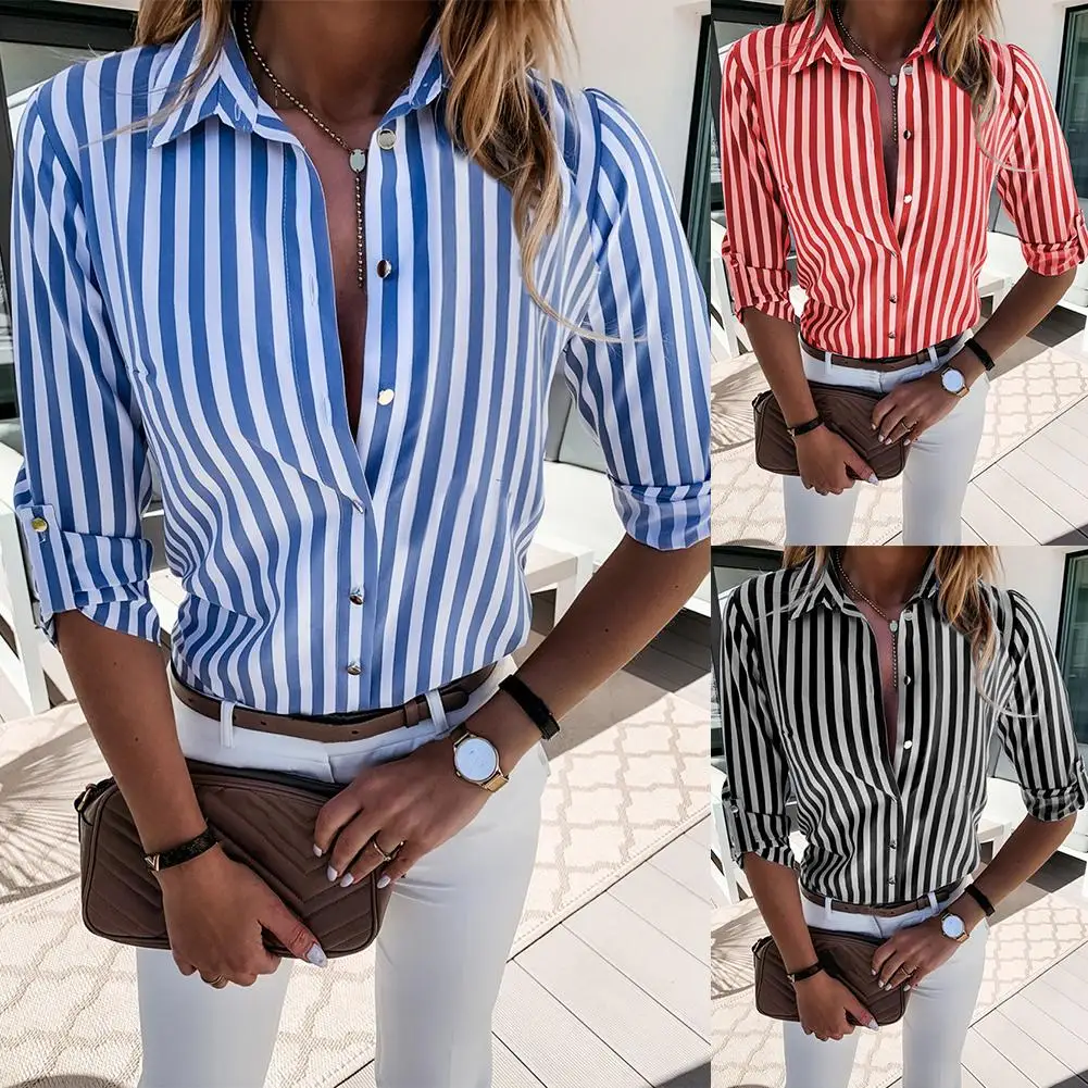 Camisa de manga larga con cuello vuelto para mujer, blusa informal a rayas verticales para oficina, ropa de uso diario