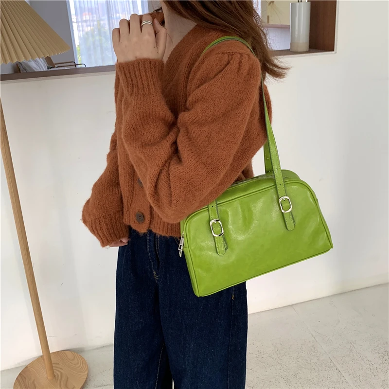 PU Fashion Green Leather Women Shoulder Bags Simple Design Solid Color Ladies Tote Handbags Vintage Black Female Underarm Bag