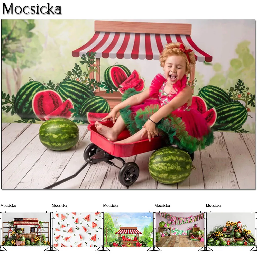 

Mocsicka Summer Watermelon Stand Cake Smash Photography Backdrops Children First Birthday Photo Props Studio Booth Background