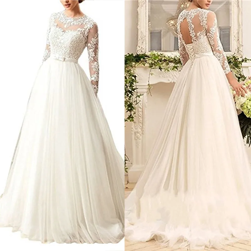 Wedding Dresses Bride Sweet Elegant Long Sleeve Lace Applique Sexy Open Back Embroidery Simple Retro Wedding Dresses