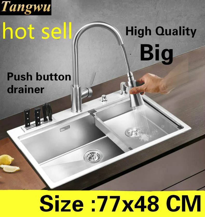 Free shipping Apartment vogue kitchen manual sink single trough push button drainer 304 stainless steel hot sell 77x48 MM