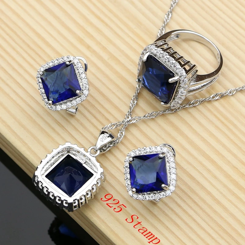 925 Silver Jewelry Sets Square Blue Sapphire Costume for Women Hoop Earrings Rings Bracelet Necklace Set Dropshipping