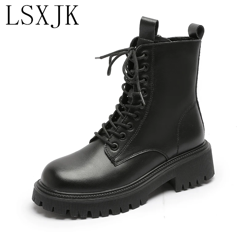 

LSXJK Martin Boots Female British Style New Thick-Soled Black Short Boot Thin Boots Spring And Autumn Single Boots Leather Boots