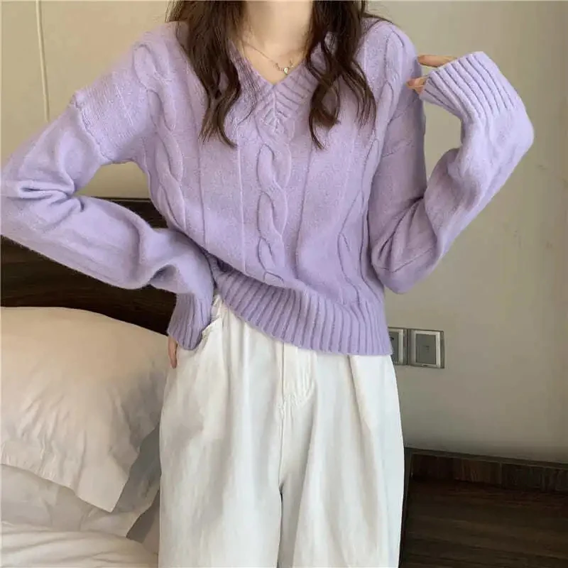 V-neck Cropped Pullover Sweater Women Simple Twist Student Sweaters For Women Solid Color Basic Long Sleeve Autumn Clothes Women