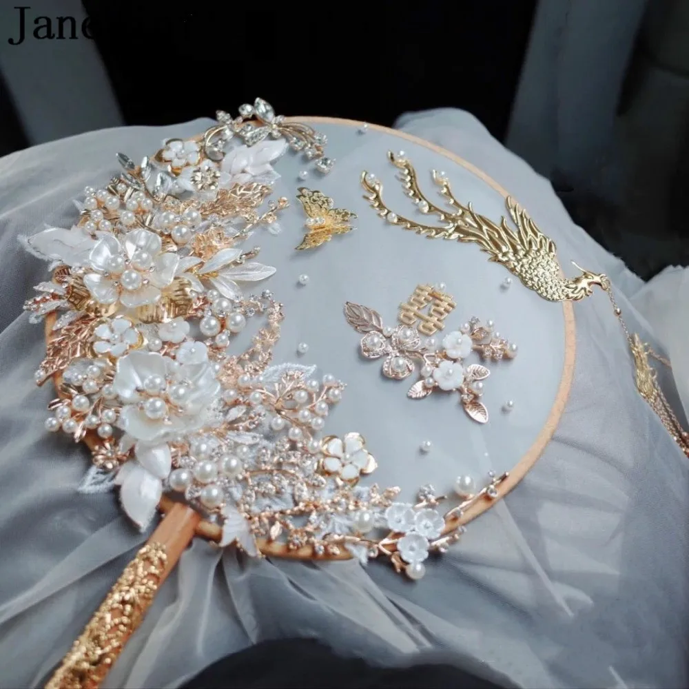 JaneVini-abanico de novia chino dorado de lujo, abanico con cuentas de perlas de Fénix Rojas, borla, ramo de boda, accesorios nupciales