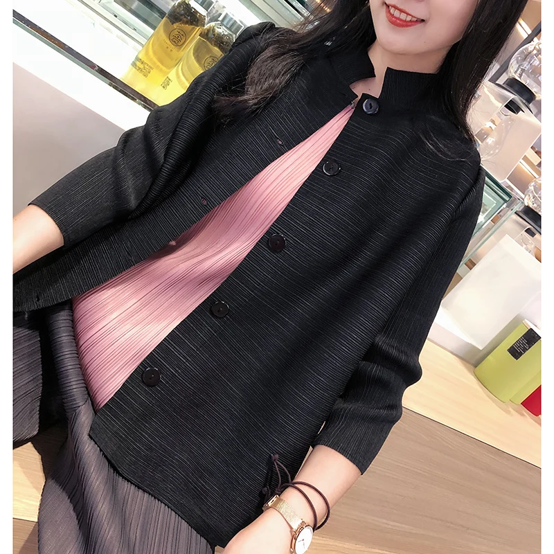 Miyake Pleated Cardigan Single Breasted Elegant Loose Women Shirt Jacket Black Blouse Aesthetic Clothes