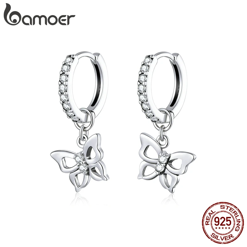 BAMOER Dazzling Butterfly Hoop Earrings for Women 925 Sterling Silver Engagement Wedding Statement  Fine Jewelry Pendants SCE833