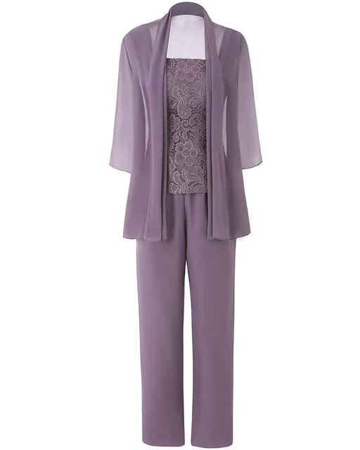 Pantsuits com renda para mãe da noiva com jaqueta curta, roupa de ilusão de chiffon para mulheres, mangas 3/4, vestido tamanho grande, 3 peças, 202