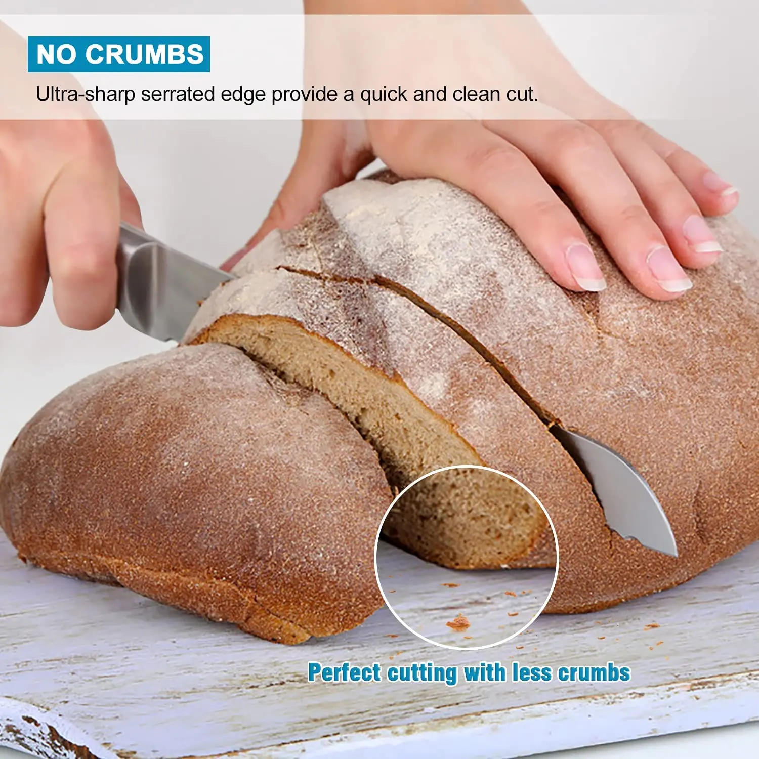 WALFOS Stainless Steel Serrated Bread Slicer Knife Cake Baguette Cutter Ultra-Sharp One-Piece Handle 8-Inch Blade Kitchen Gadget