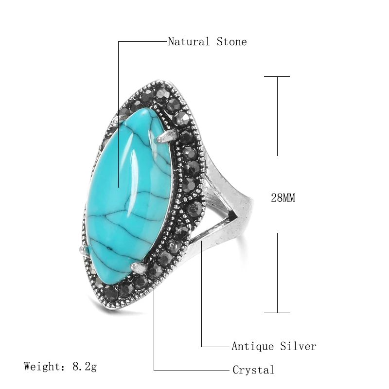 Kinel Natural Stone Vintage Rings For Women Simple Blue Big Stone Inlaid Rhinestones Boho Ethnic Jewelry Tibetan Silver Rings