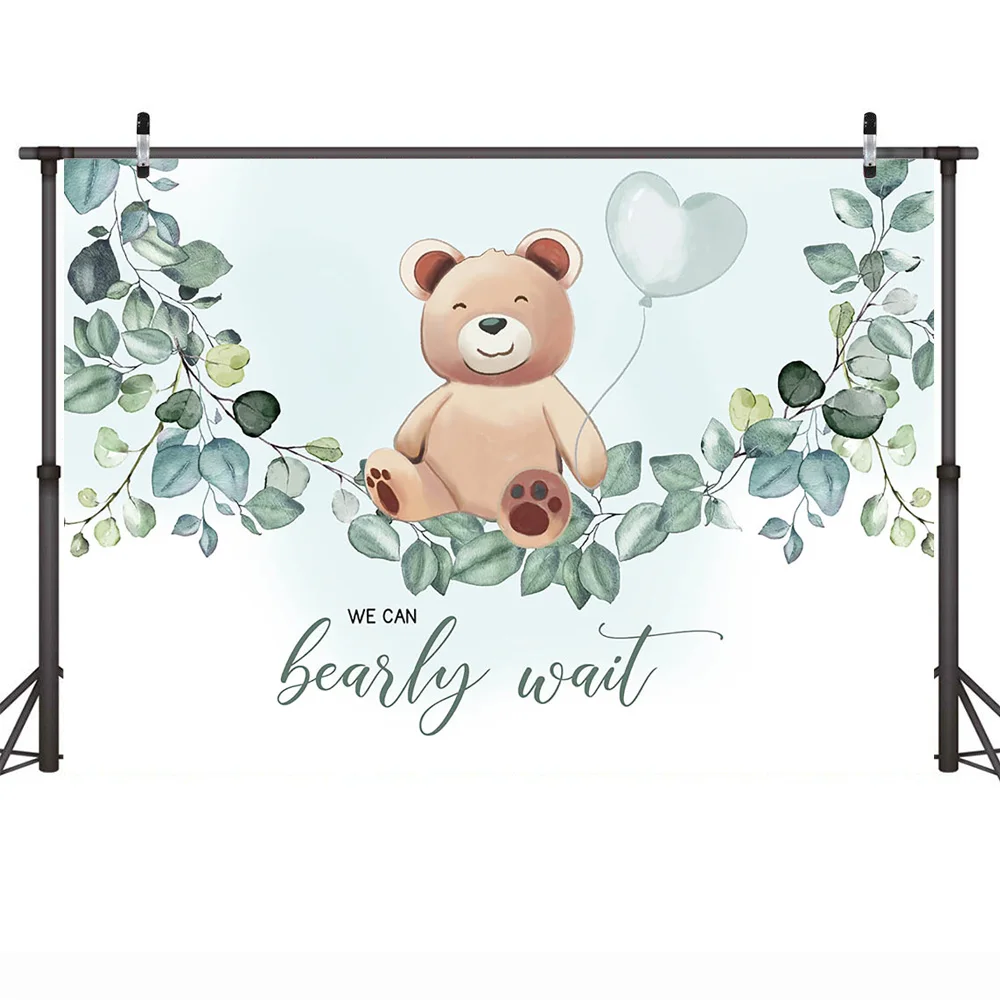 Baby Shower Bear Party Backdrop We Can Bearly Wait Photography Background Watercolor Green Leaves Newborn Cake Table Decorations