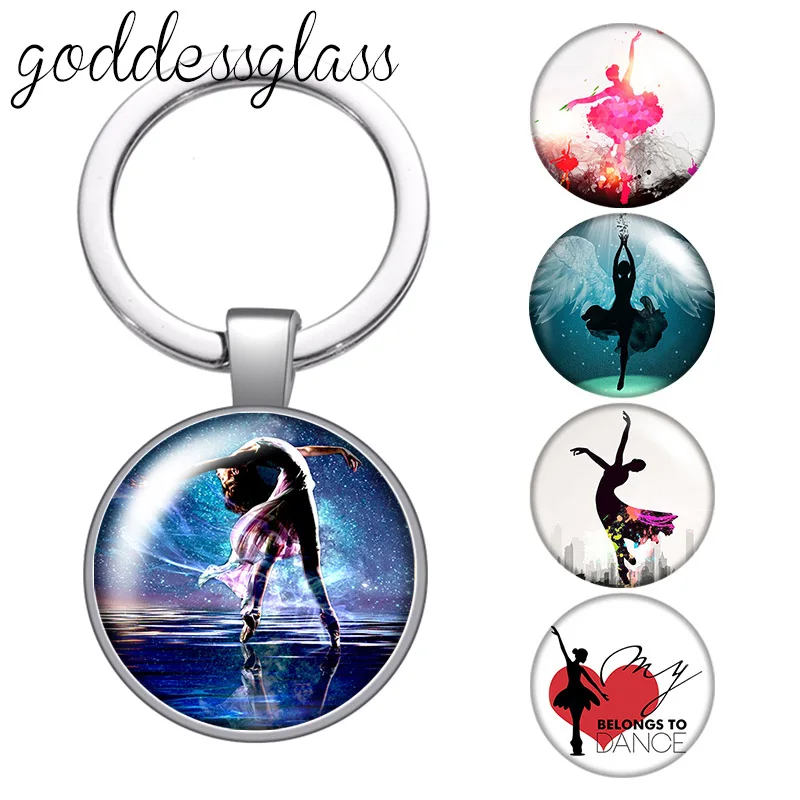 Dancing Girl Ballet gymnastics actions Round glass cabochon keychain Bag Car key chain Ring Holder Charms keychains for gift