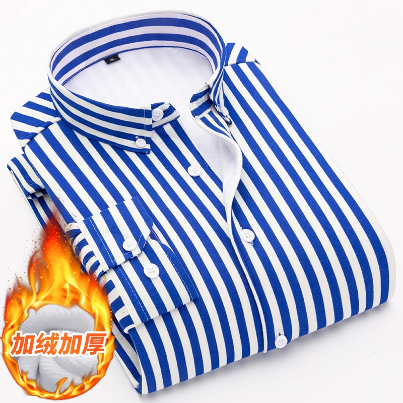 Winter New Black Striped Long Sleeve Cotton Shirt Men\'s Single Breasted Square Collar Men Fleece Shirts Blue Red White M-5XL