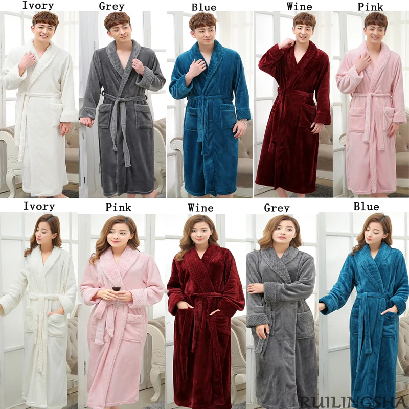 Hot Selling Men Women Super Soft Winter Long Warm Coral Flannel Bath Robe Mens Kimono Bathrobe Male Dressing Gown Lovers Robes