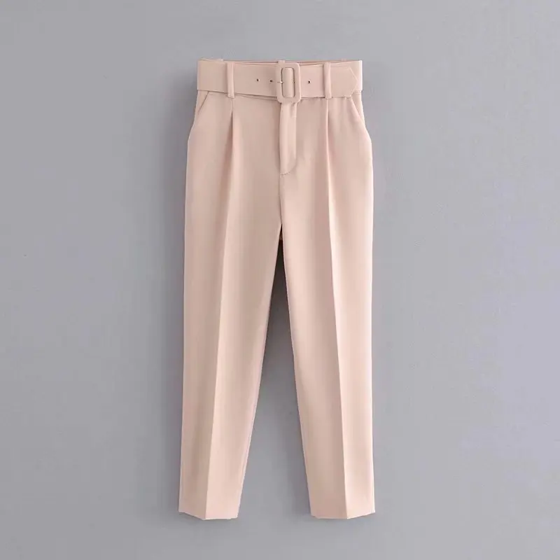 Women fashion solid color sashes casual slim pants chic business Trousers female fake zipper pantalones mujer retro pants P575