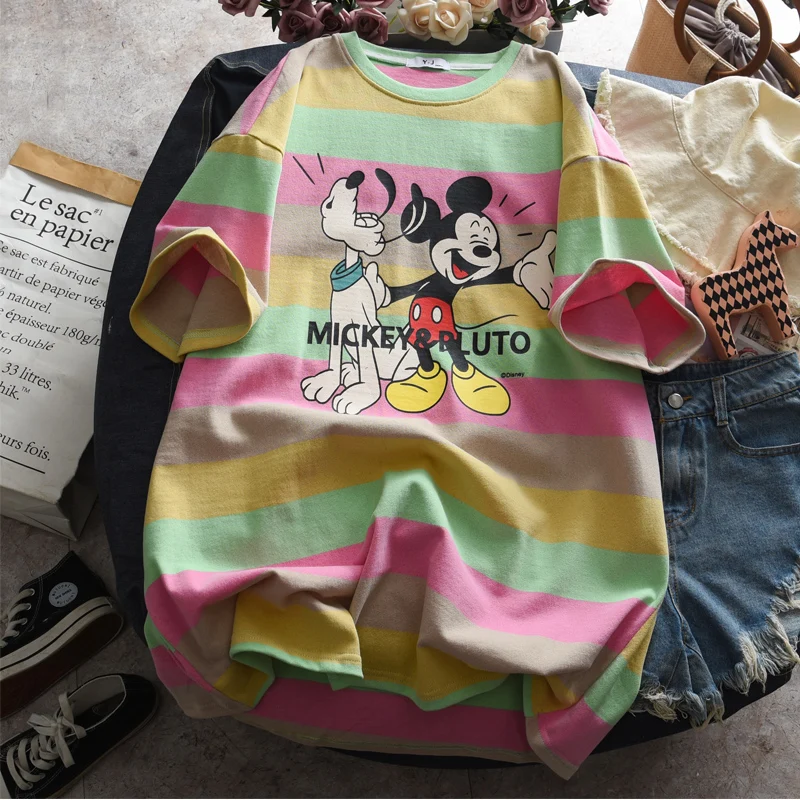 Mickey Mouse and Pluto Women Shirts Cartoon Printed Rainbow Striped T-shirt Mid-Length Loose Korean-Style All-match Top T Shirt