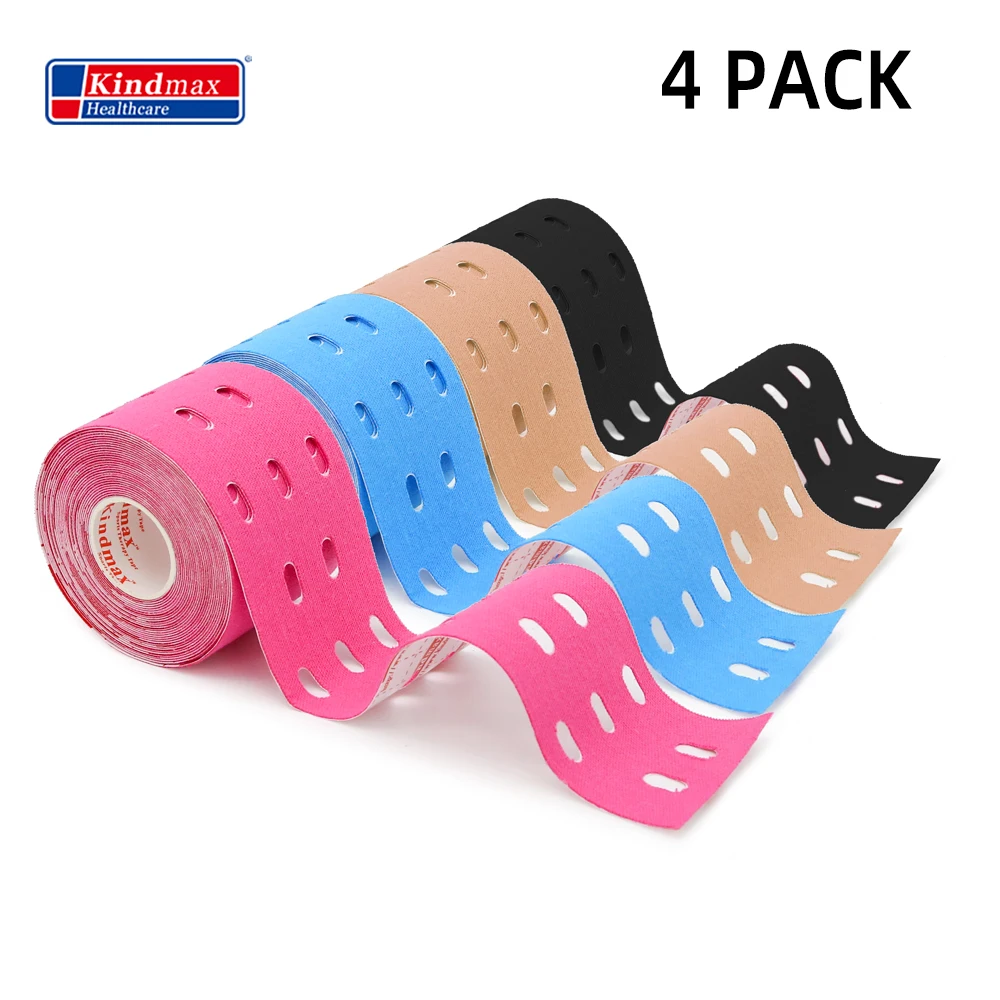 4PCS/Lot Kindmax Hole Kinesiology Tape 5cm 5m Cotton Elastic Kinesiology Therapeutic Athletic Tape for Muscles, 4 Pack