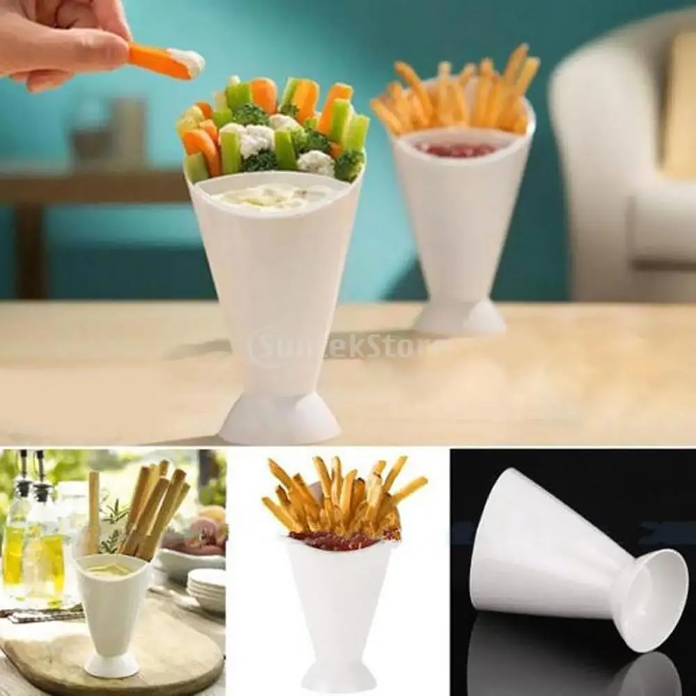 Kitchen Serving Tool Snack Cone Stand + Dip Holder For Chips Finger Food Sauce White Fries Dip and Cone Cup Snack Holder Serving