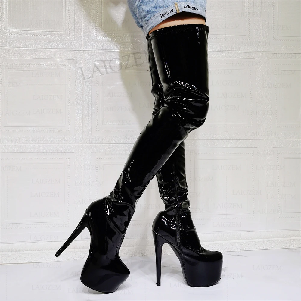 

SEIIHEM Women Boots Thigh High Platform Stiletto Heels Over Knee Boots Shiny Black Sapato Ladies Shoes Woman Big Size 42 47 52