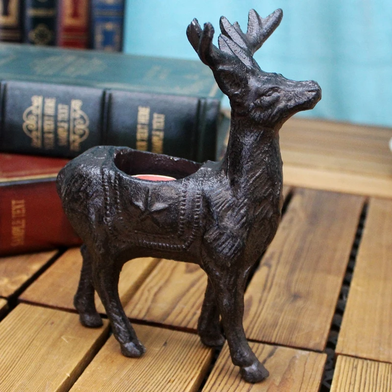 

Antique Black Reindeer Cast Iron Candle Holder Tealight Farmhouse Accents Home Tabletop Decor Standing Animal Statues Figurines