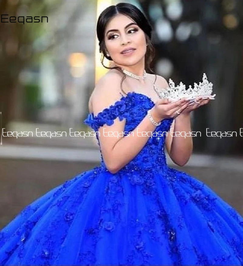 Robe de bal en dentelle bleu Royal, 16 pièces, magnifique et douce, col en V, en Tulle, à plusieurs niveaux