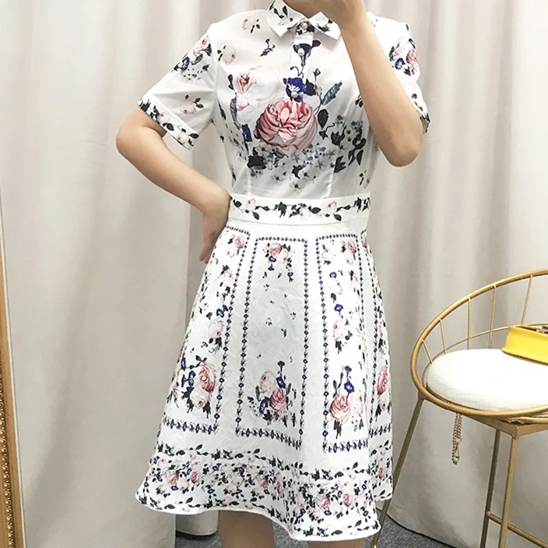 Vintage France Women Floral Printed White Dress Princess Summer Short Sleee Knee Length Bohemian Dress Ladies Vestidos De Festa