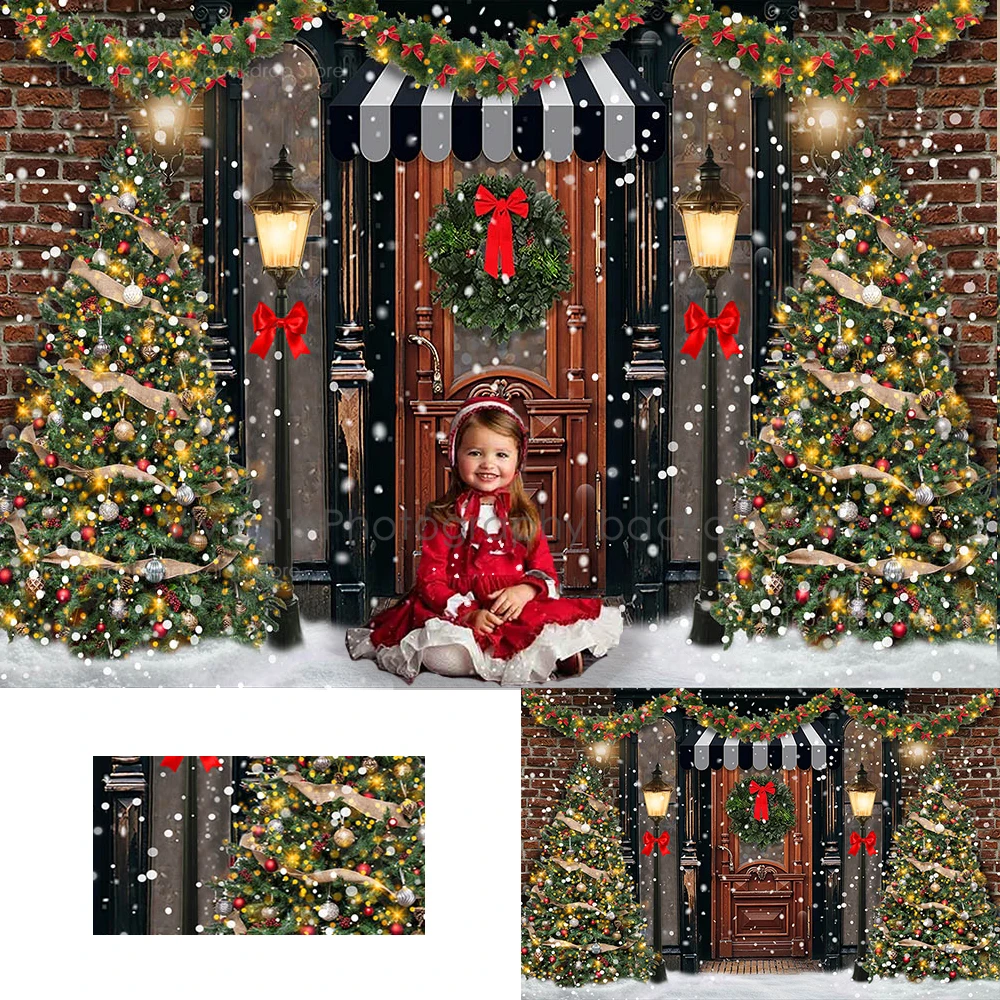 

Snowy Door Photography Backdrop Kids Adult Portrait Photocall Wreath Festival Decor Children Family Christmas Trees Photostudio