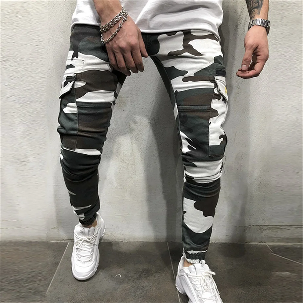 EH · MD®Pantalones vaqueros de camuflaje para hombre con doble rayas con agujeros y bolsillos grandes pantalones ajustados de algodón transpirables cómodos