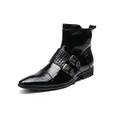 black Bright skin leather men's boots chelsea fashion shoes High quality men's shoes Formal buckle pointed shoes wedding