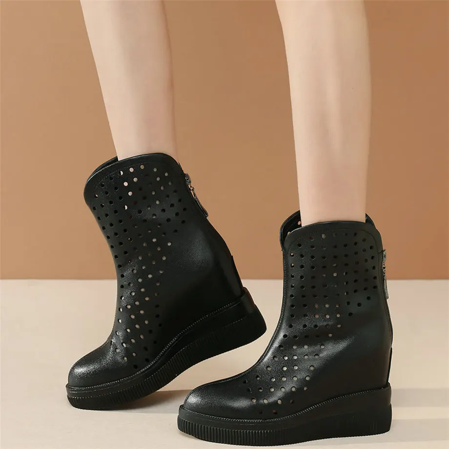 

Pumps Shoes Women Hollow Genuine Leather Wedges High Heel Ankle Boots Female Round Toe Platform Fashion Sneakers Casual Shoes
